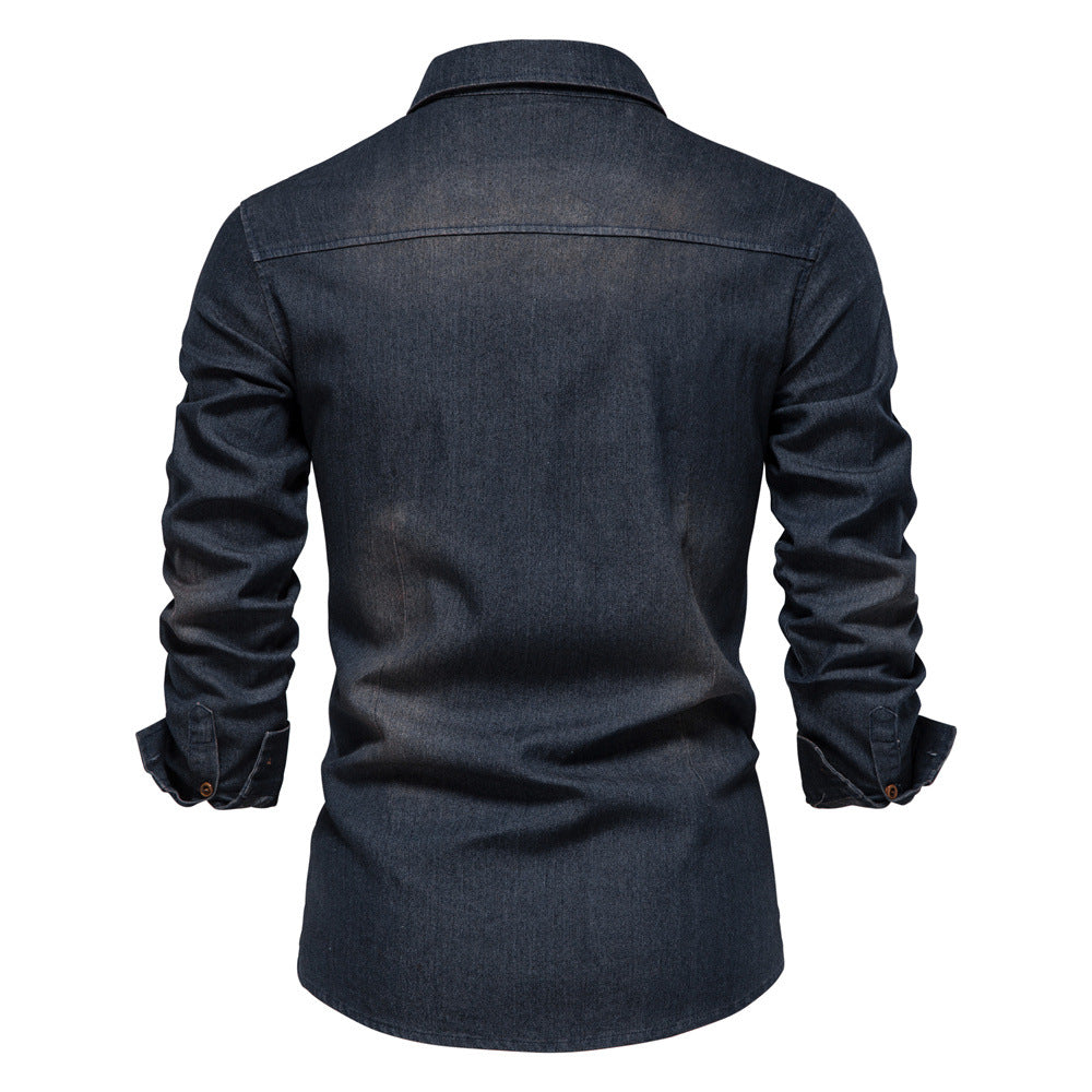 Attraco Men's Classic Slim Fit Long Sleeve Button Front Lapel Denim Shirt with Two Chest Pockets