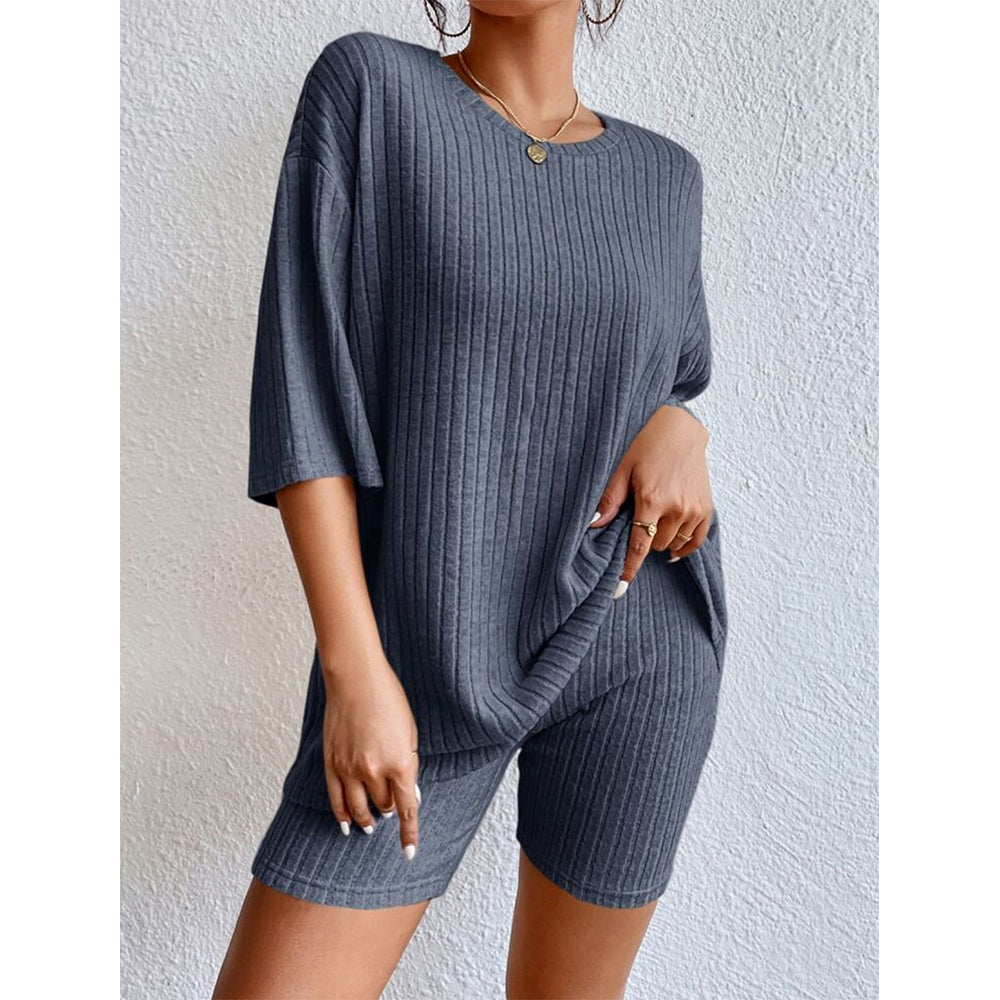 V For City Women's Oversized Ribbed Knit Loungewear Set with Half-Sleeved Top & Shorts Set Pajama Set