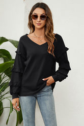 Waffle-Knit Ruffled V-Neck Top-AL9554