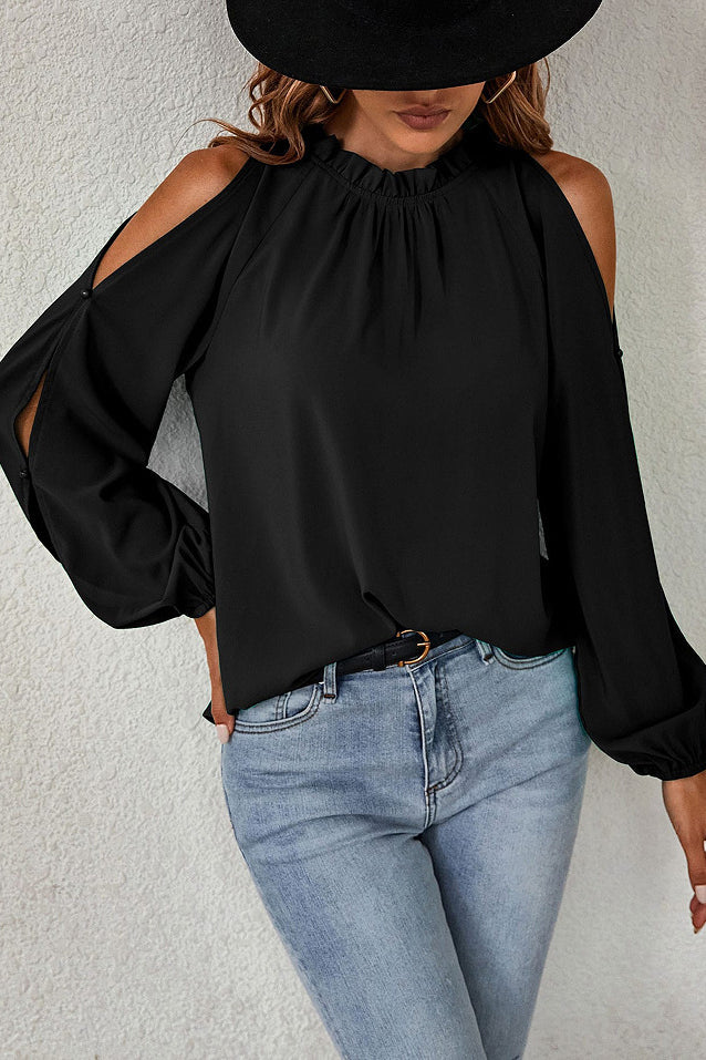 Frill Trim Cold Shoulder Blouse Cutout Shirt Top -AL9437