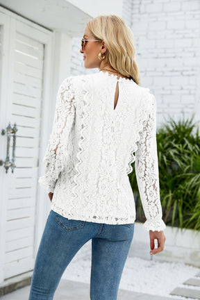 Lace Hollow Out Long Sleeve Tunic Blouse Shirt Top-AL9416