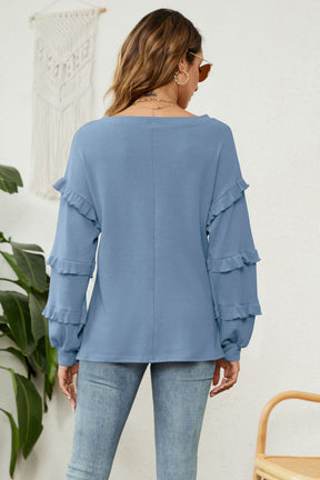 Waffle-Knit Ruffled V-Neck Top-AL9554