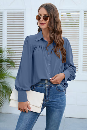 Women Collar Tees Long Sleeve V-neck Shirts Tops-AL9419