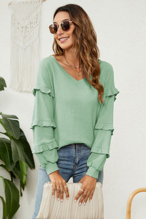 Waffle-Knit Ruffled V-Neck Top-AL9554