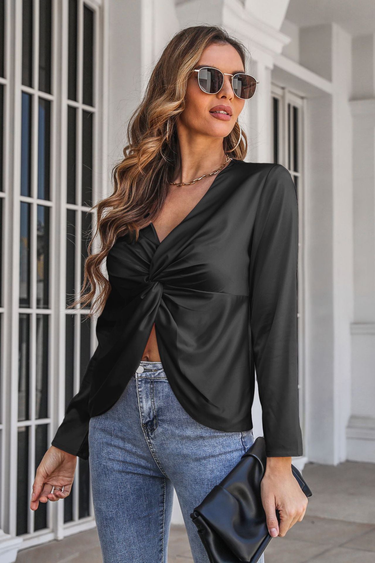 Women Twist Cut Out Solid Satin Shirt -AL9449