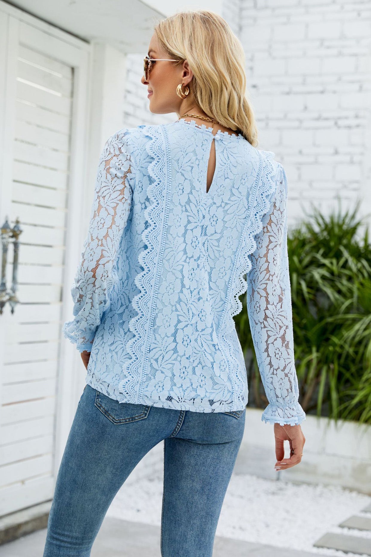 Lace Hollow Out Long Sleeve Tunic Blouse Shirt Top-AL9416