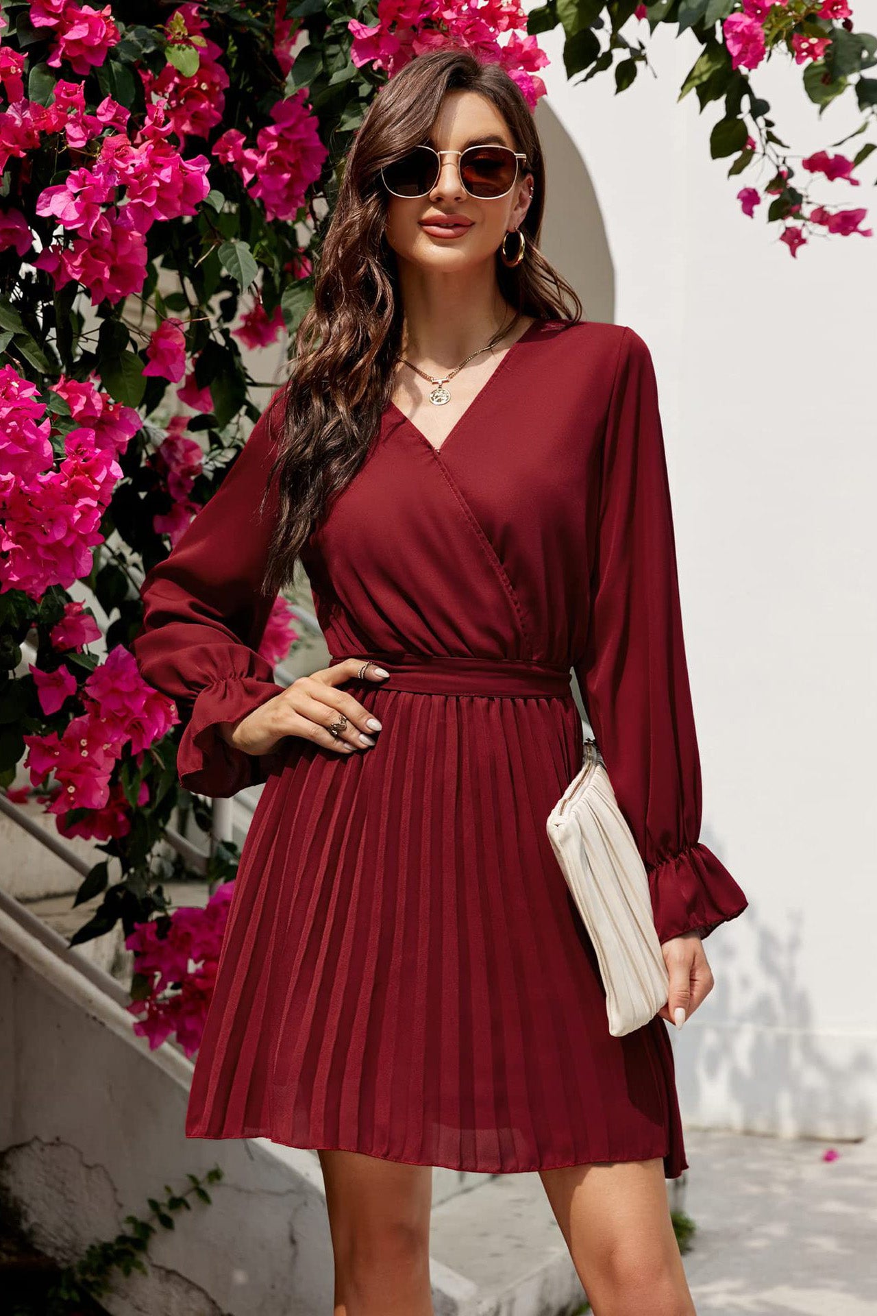 Wrap V Neck Casual Pleated Long Sleeve Mini Dress-AL9454