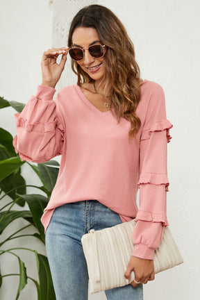 Waffle-Knit Ruffled V-Neck Top-AL9554