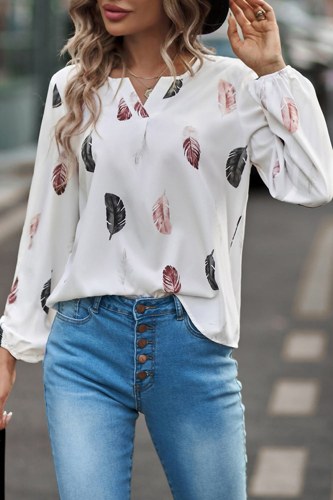 Feather Print Notched Neck Bishop Sleeve Blouse-AL9472