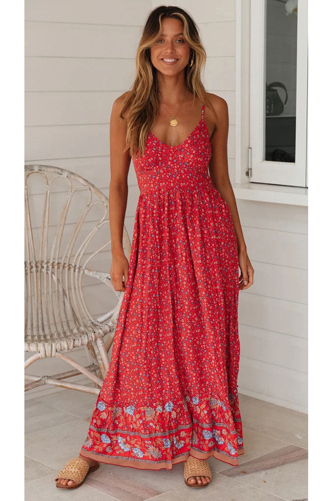 Boho V-neck Suspender Floral Dress Swing Dress-AL1035