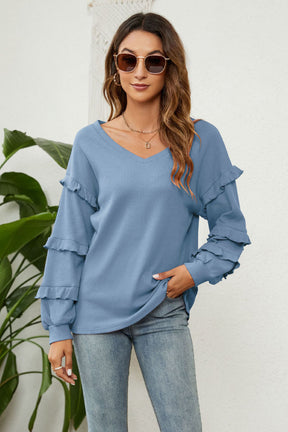 Waffle-Knit Ruffled V-Neck Top-AL9554