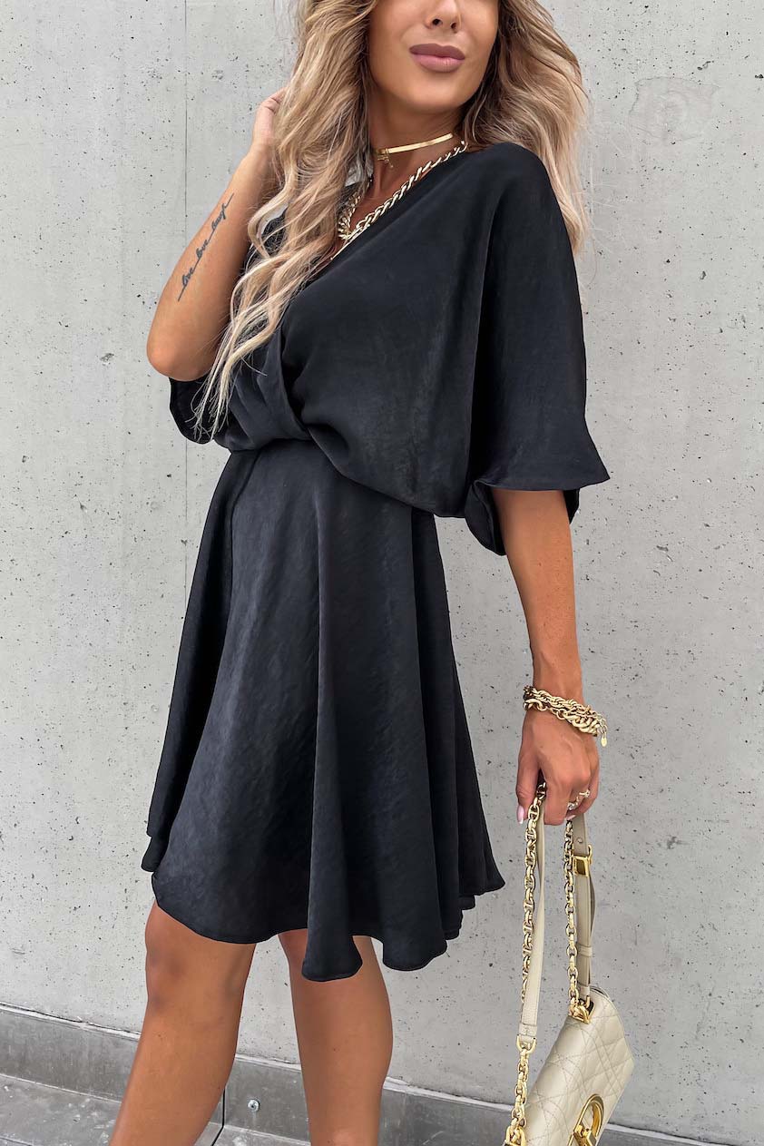 Batwing Sleeve Flowly V Neck Bat Mini Dress-AL9508