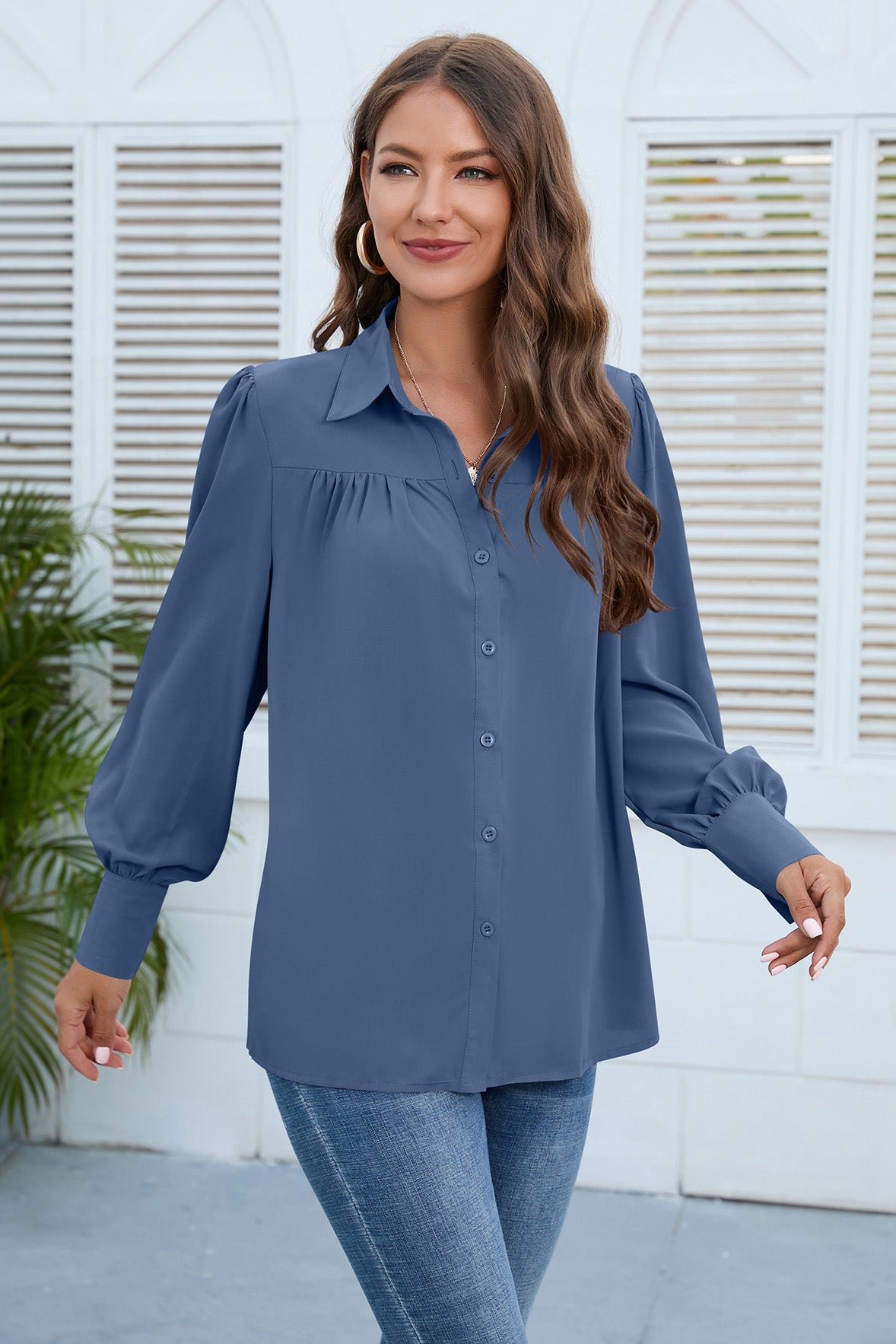 Women Collar Tees Long Sleeve V-neck Shirts Tops-AL9419