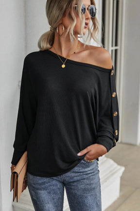 Women Off Shoulder Long Sleeve Top with Buttons -AL9445