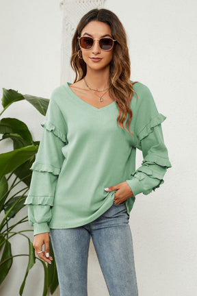 Waffle-Knit Ruffled V-Neck Top-AL9554