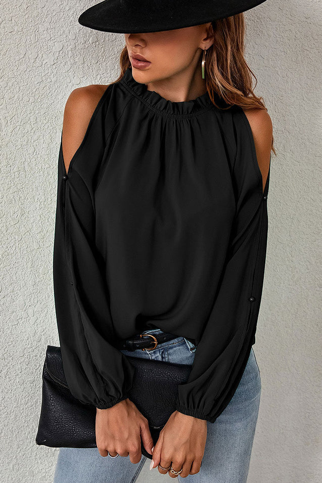 Frill Trim Cold Shoulder Blouse Cutout Shirt Top -AL9437