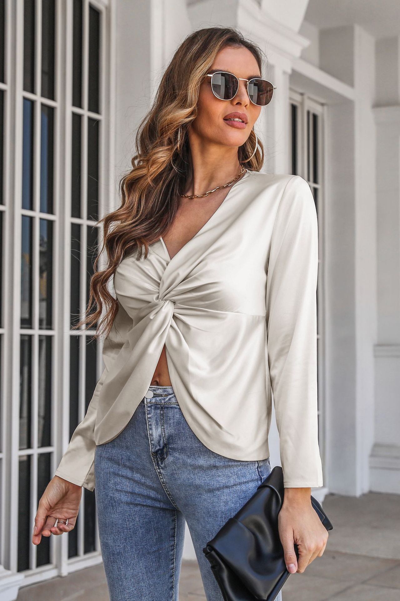 Women Twist Cut Out Solid Satin Shirt -AL9449