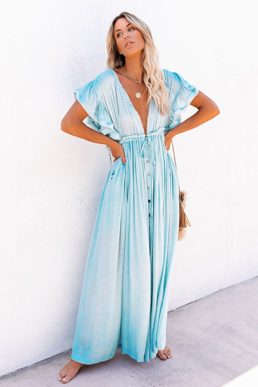 Plunge Drawstring Ruffled Cover Up Dress-AL9473