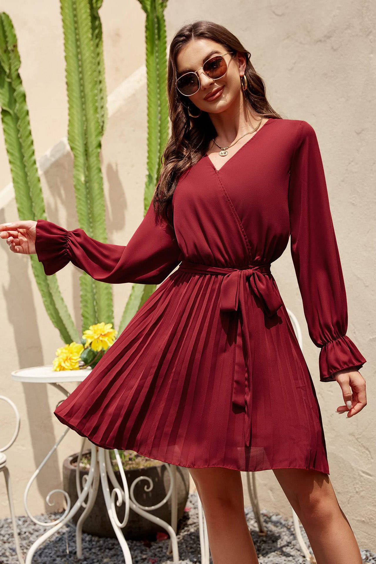 Wrap V Neck Casual Pleated Long Sleeve Mini Dress-AL9454