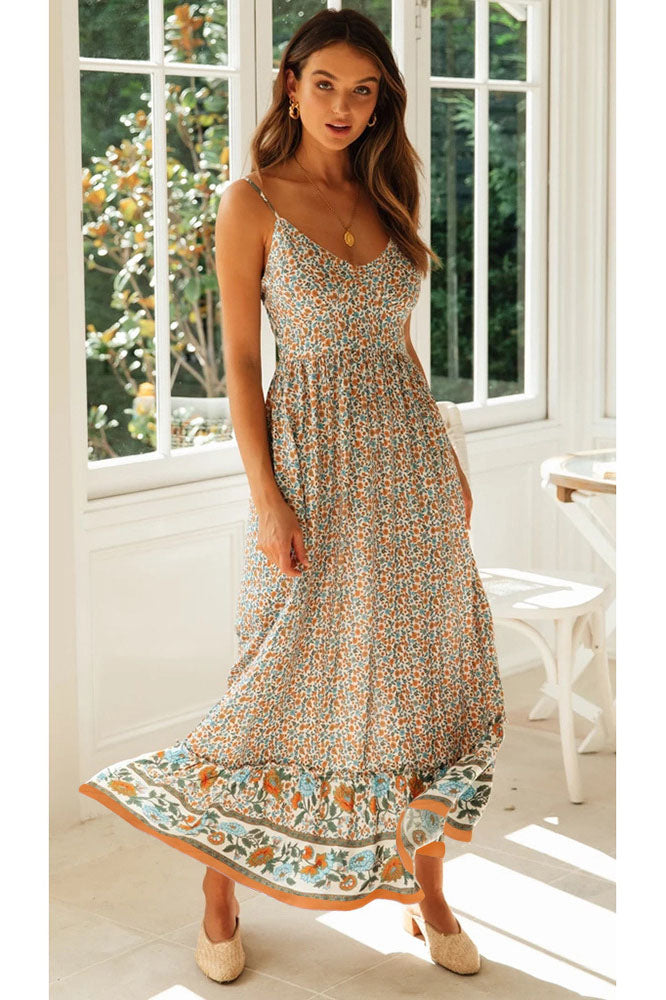 Boho V-neck Suspender Floral Dress Swing Dress-AL1035