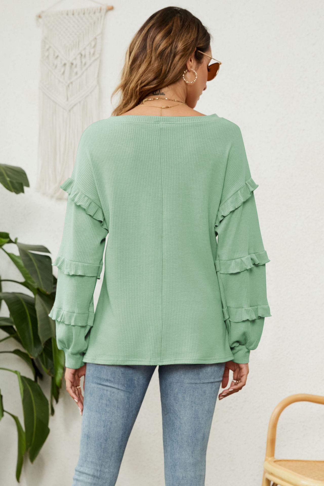 Waffle-Knit Ruffled V-Neck Top-AL9554