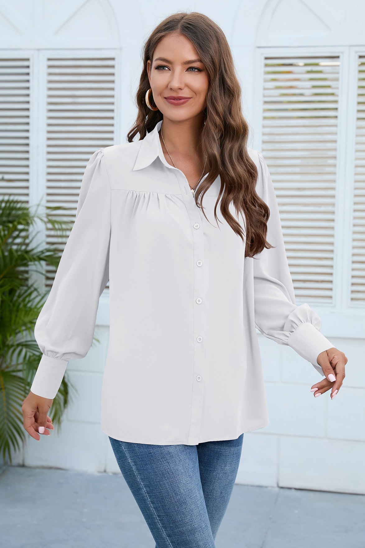 Women Collar Tees Long Sleeve V-neck Shirts Tops-AL9419