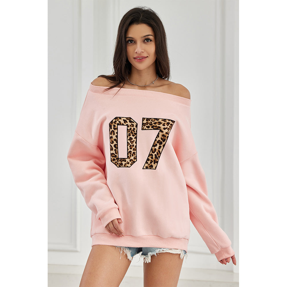 Attraco Women's Off shoulder Long Sleeve Sweatshirt Oversized Number Pattern Fleece lined Pullover Top Fallfreshness