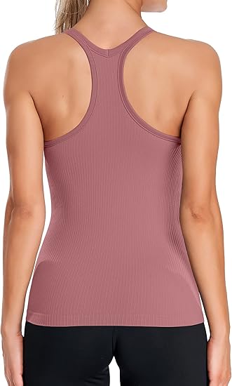Ribbed Workout Tank Tops for Women with Built in Bra Tight Racerback Scoop Neck Athletic Top-2295