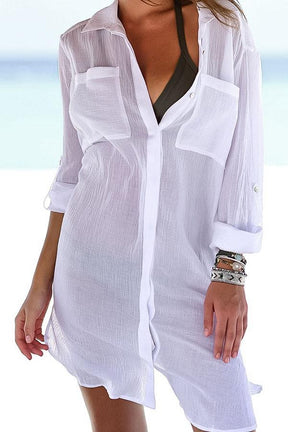 Solid Pocket Front Button Shirt Cover Up Kimono-AL9468