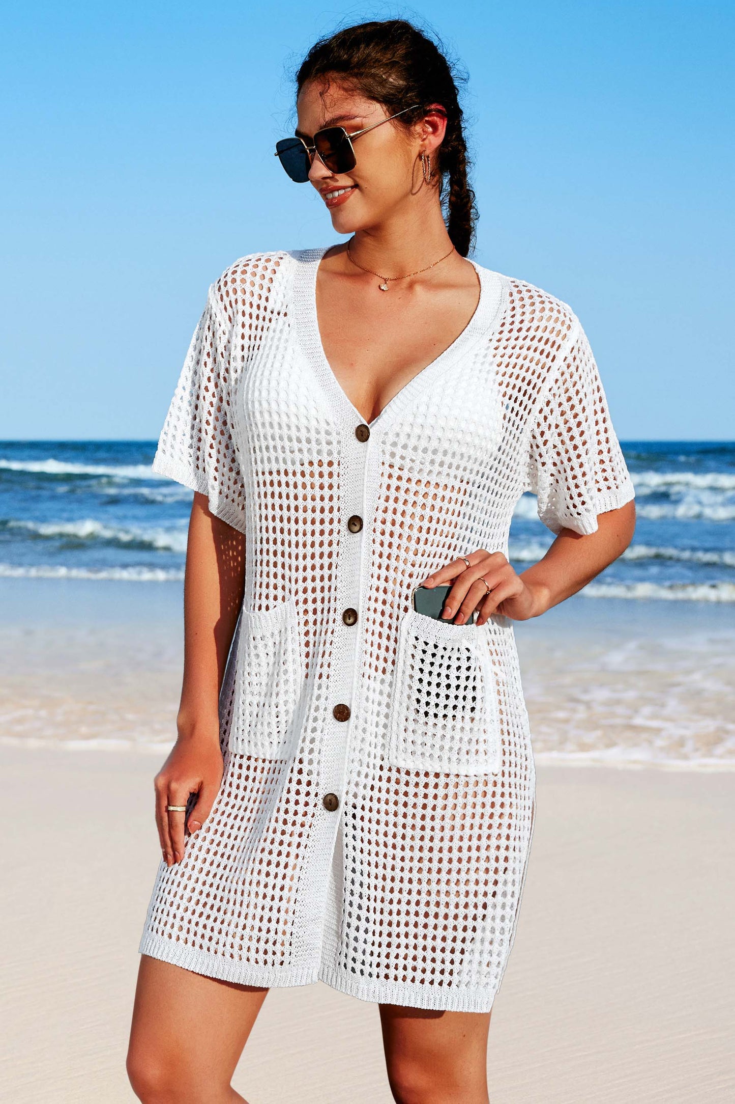 Crochet Hollow Out V Neck Button Down Cover Ups with Two Front Pockets