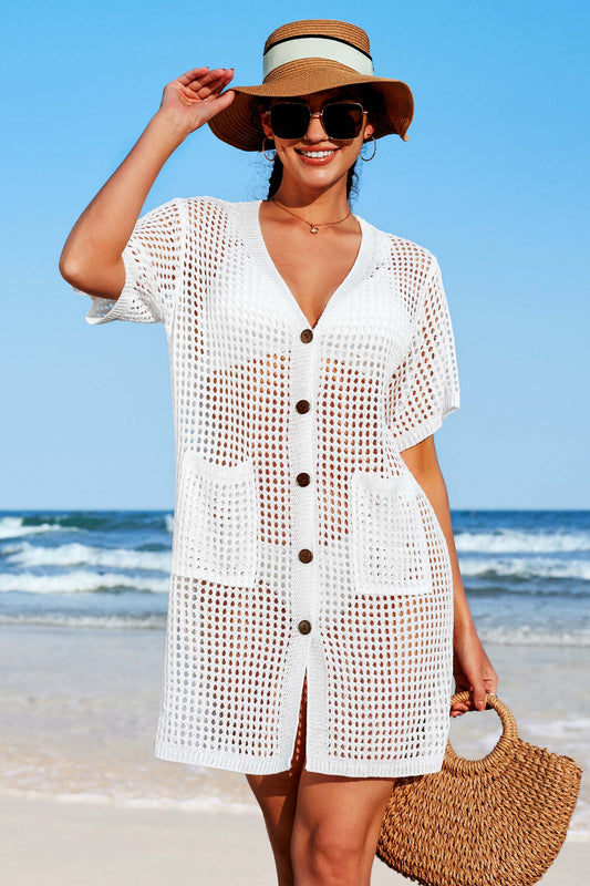 Crochet Hollow Out V Neck Button Down Cover Ups with Two Front Pockets
