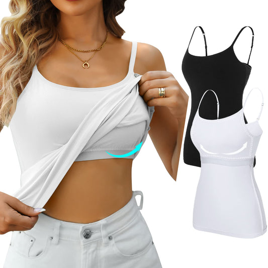 V FOR CITY Women's Shelf Bra Camisole Tops Adjustable Spaghetti Strap Cami Tank Tops Cotton Undershirts 2 Pack
