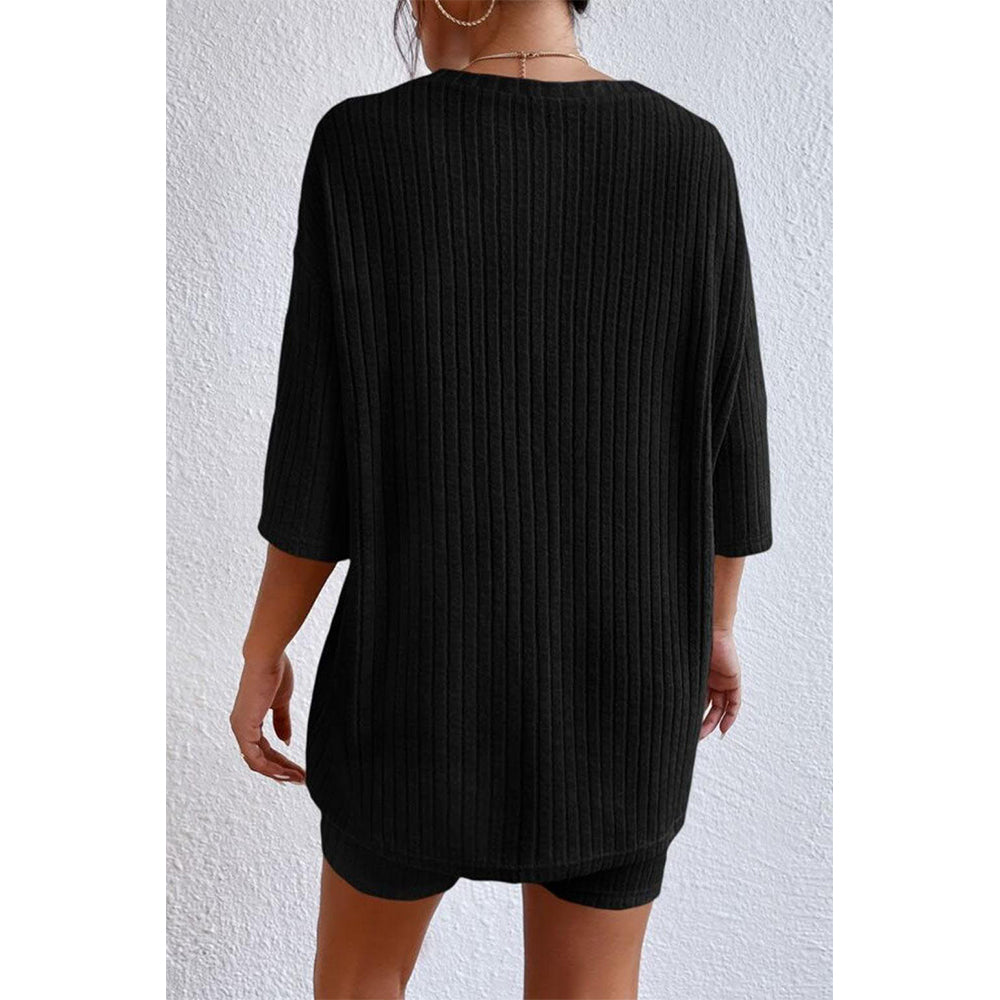 V For City Women's Oversized Ribbed Knit Loungewear Set with Half-Sleeved Top & Shorts Set Pajama Set