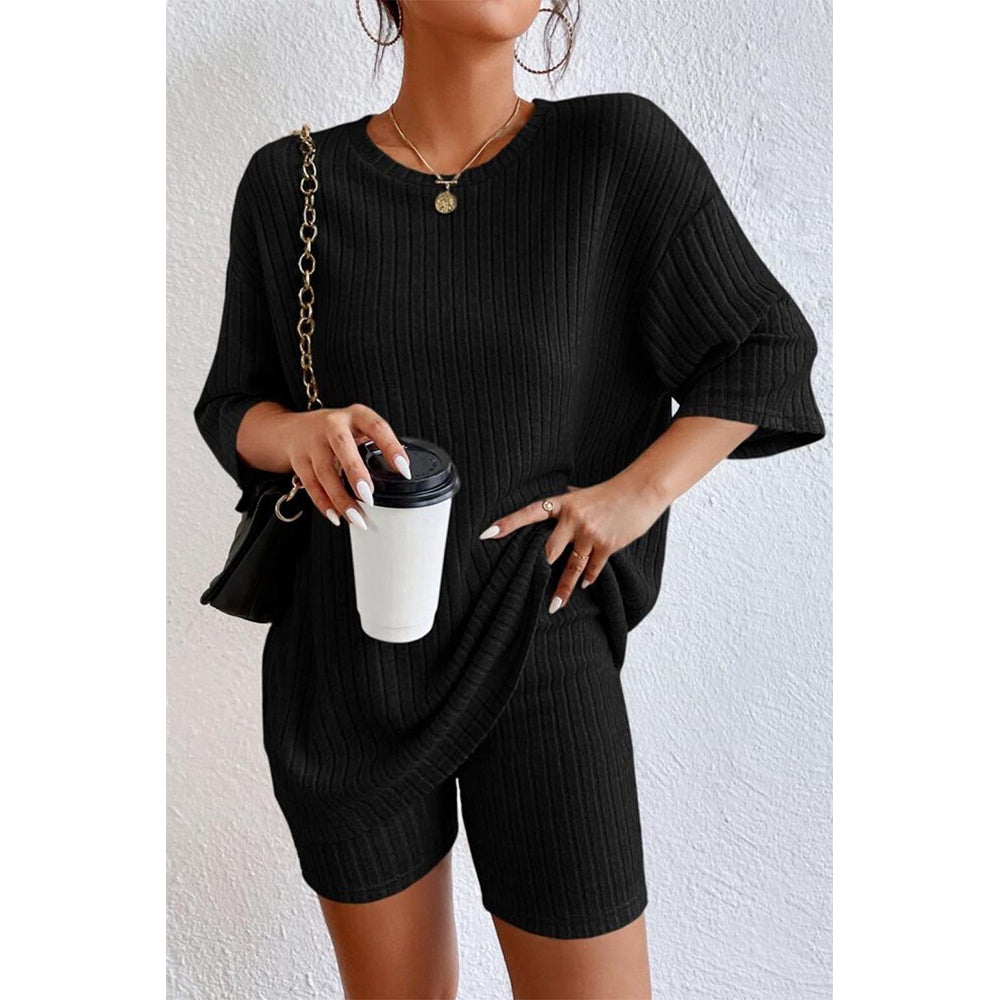 V For City Women's Oversized Ribbed Knit Loungewear Set with Half-Sleeved Top & Shorts Set Pajama Set