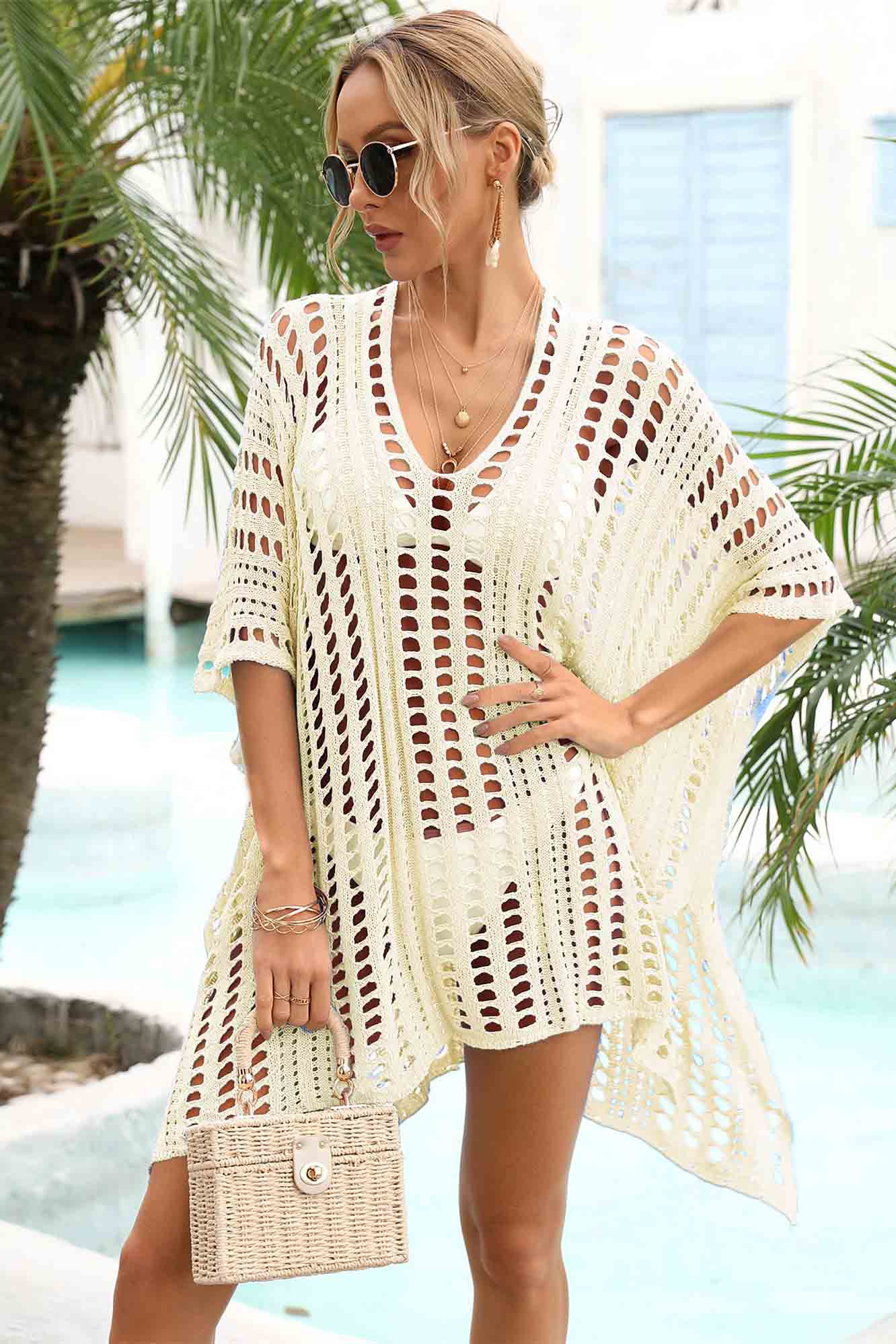 Openwork Side Slit Beach Cover-Up-AL9442