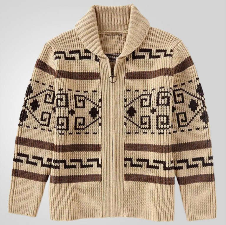 Attraco Men's Fall/Winter Fashion Jacquard Knit Long-Sleeve Zip-Up Lapel Cardigan Sweater