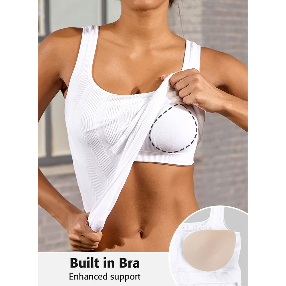 Attraco Women's Ribbed Workout Tank Tops with Built in Bra Athletic Tank Tops Slim Fit Yoga Tops
