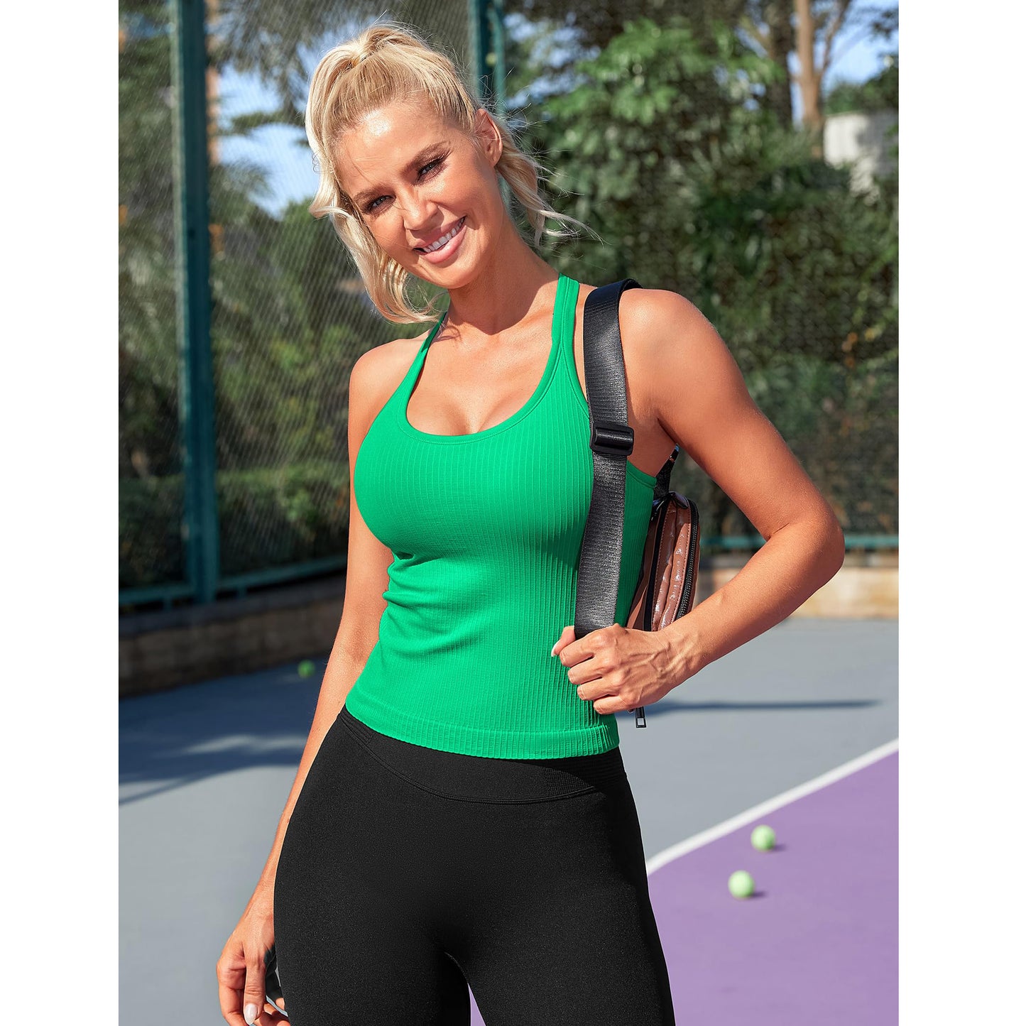Attraco Women's Ribbed Workout Crop Tops with Built in Bra Yoga Racerback Tank Top Sport Tops Activewear Tops