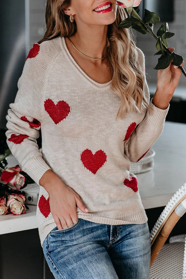 Crewneck Comfy Fuzzy Hearts Knit Sweater Pullover-AL9408