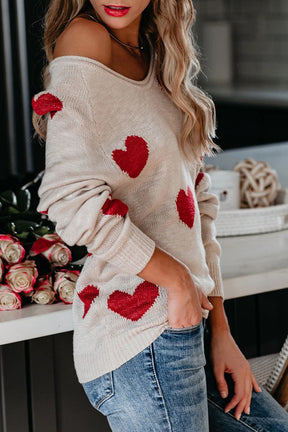 Crewneck Comfy Fuzzy Hearts Knit Sweater Pullover-AL9408