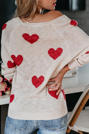 Crewneck Comfy Fuzzy Hearts Knit Sweater Pullover-AL9408