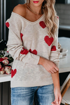 Crewneck Comfy Fuzzy Hearts Knit Sweater Pullover-AL9408