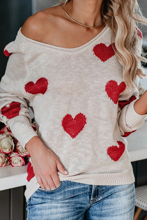 Crewneck Comfy Fuzzy Hearts Knit Sweater Pullover-AL9408