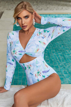 Floral Print Twist Front One Piece Swimsuit-5420