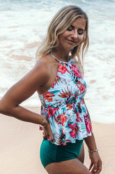 Tankini sets featuring flounced floral printed tops with adjusted straps-4059