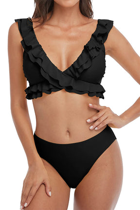 Women Flounce Strap V Neck Mid Rise Bikini Sets-7316