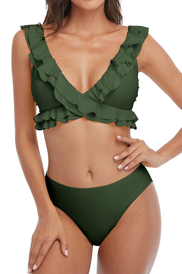 Women Flounce Strap V Neck Mid Rise Bikini Sets-7316