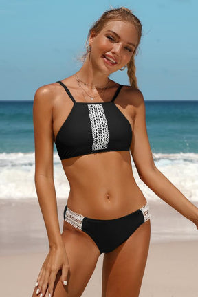 Modest High Neck Lace Mid Waist Bikini-7452