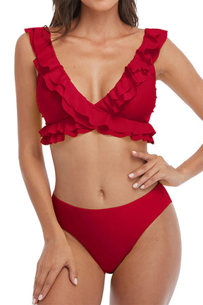 Women Flounce Strap V Neck Mid Rise Bikini Sets-7316