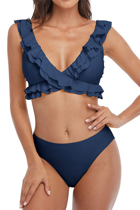 Women Flounce Strap V Neck Mid Rise Bikini Sets-7316